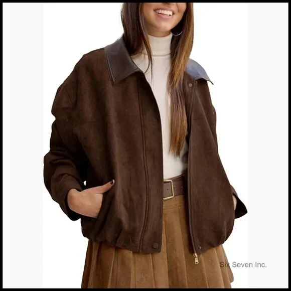 Faux Suede Bomber Jacket Oversized Cropped Zip Up Casual Outerwear - Picture 1 of 6